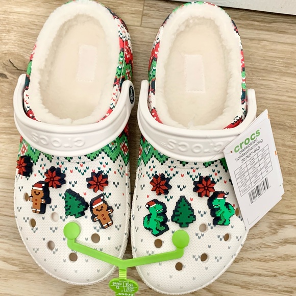 Crocs Classic Lined Holiday Charm Clog - Christmas White - Womens 7 - NEW - Picture 1 of 7
